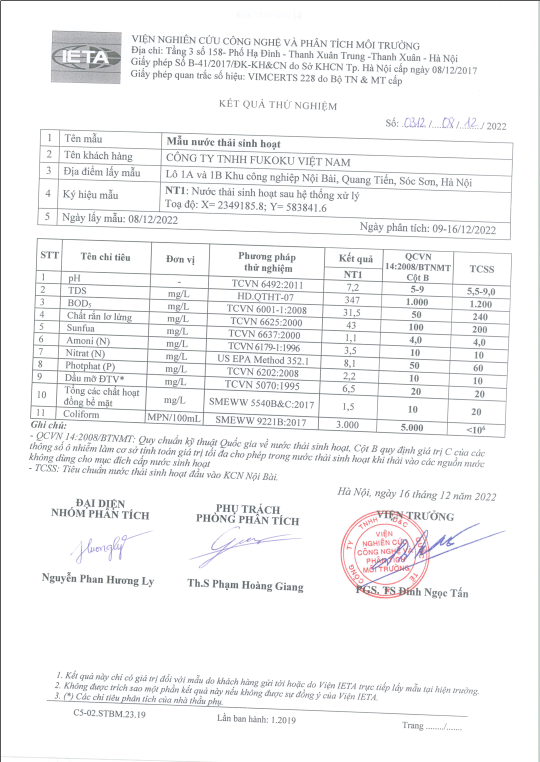 Quý 4/2022 Kết quả quan trắc Môi trường lo 1A, 1B, 86B