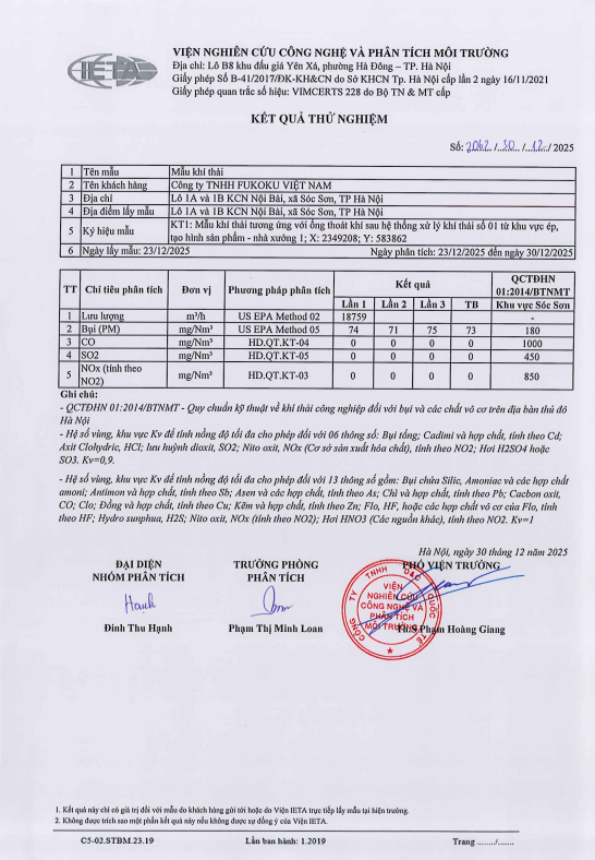 Quý 4/2025 Kết quả quan trắc môi trường lô 1A1B