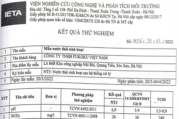 Quý 1/2022 Kết quả quan trắc môi trường 86B